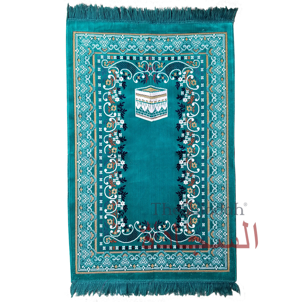 Prayer Rug - Turquoise Blue Holy Kabah Design with Arabesque Flowers Ja Namaz Salah Carpet Sajjadah