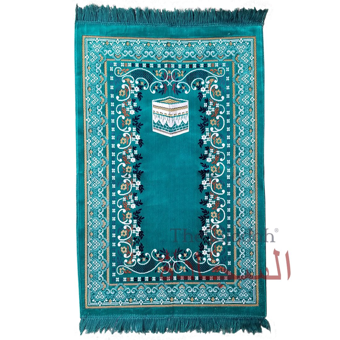 Prayer Rug – Turquoise Blue Holy Kabah Design with Arabesque Flowers Ja Namaz Salah Carpet Sajjadah