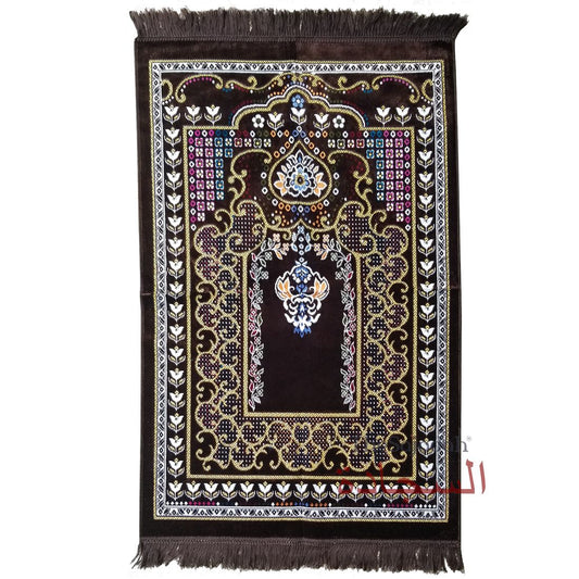 Islamic Prayer Carpet – Dark Brown Colorful Mehrab Flowers Ja Namaz Salah Carpet Embossed Velvet Seccade