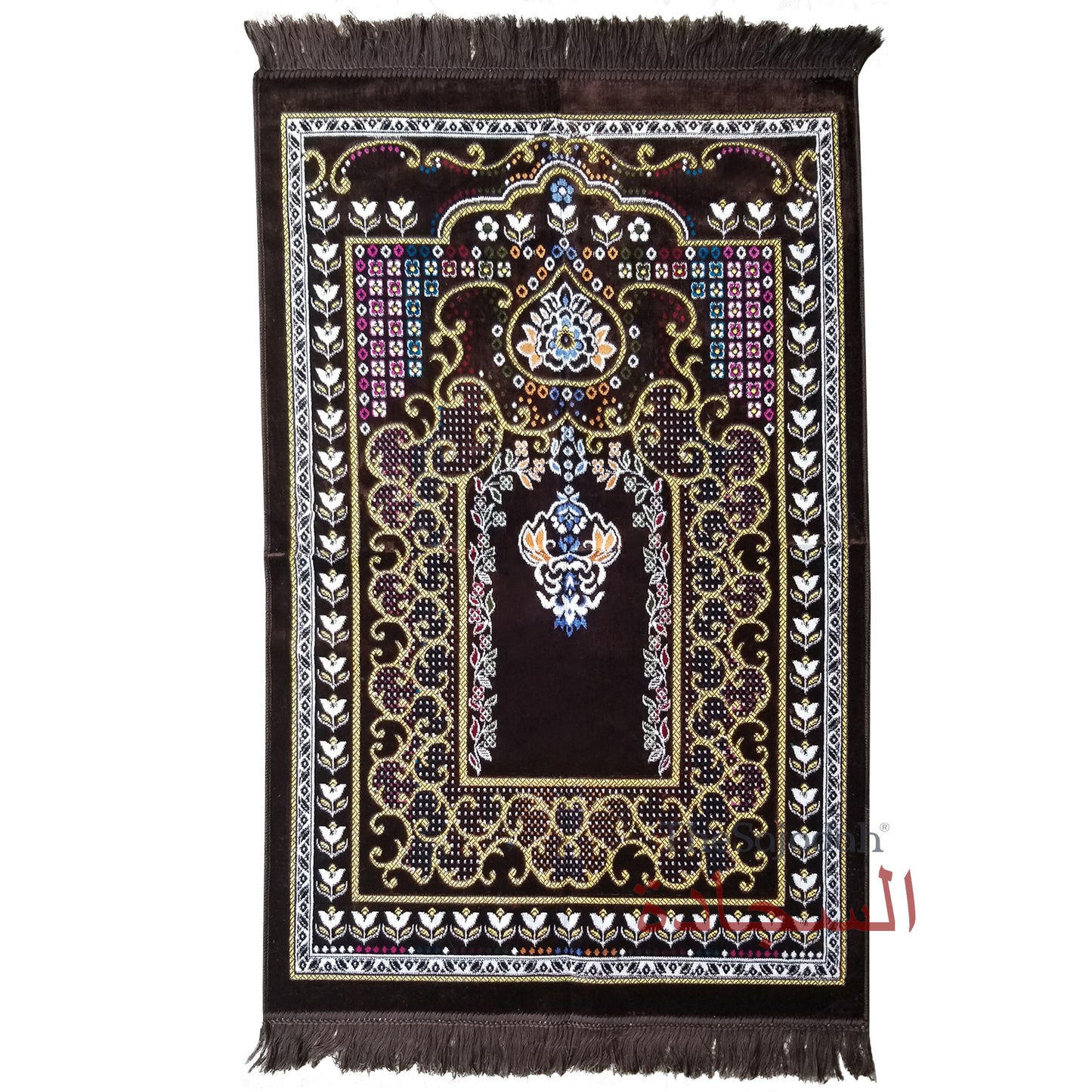 Islamic Prayer Carpet - Dark Brown Colorful Mehrab Flowers Ja Namaz Salah Carpet Embossed Velvet Seccade