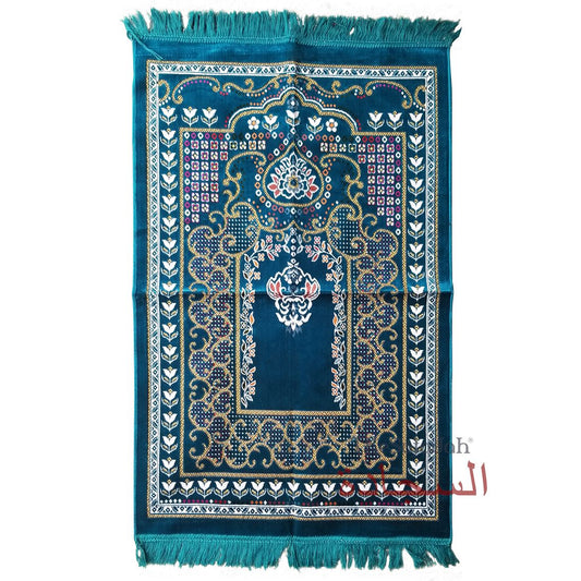 Islamic Prayer Carpet – Dark Teal Blue Colorful Mehrab Flowers Ja Namaz Salah Carpet Embossed Velvet Seccade
