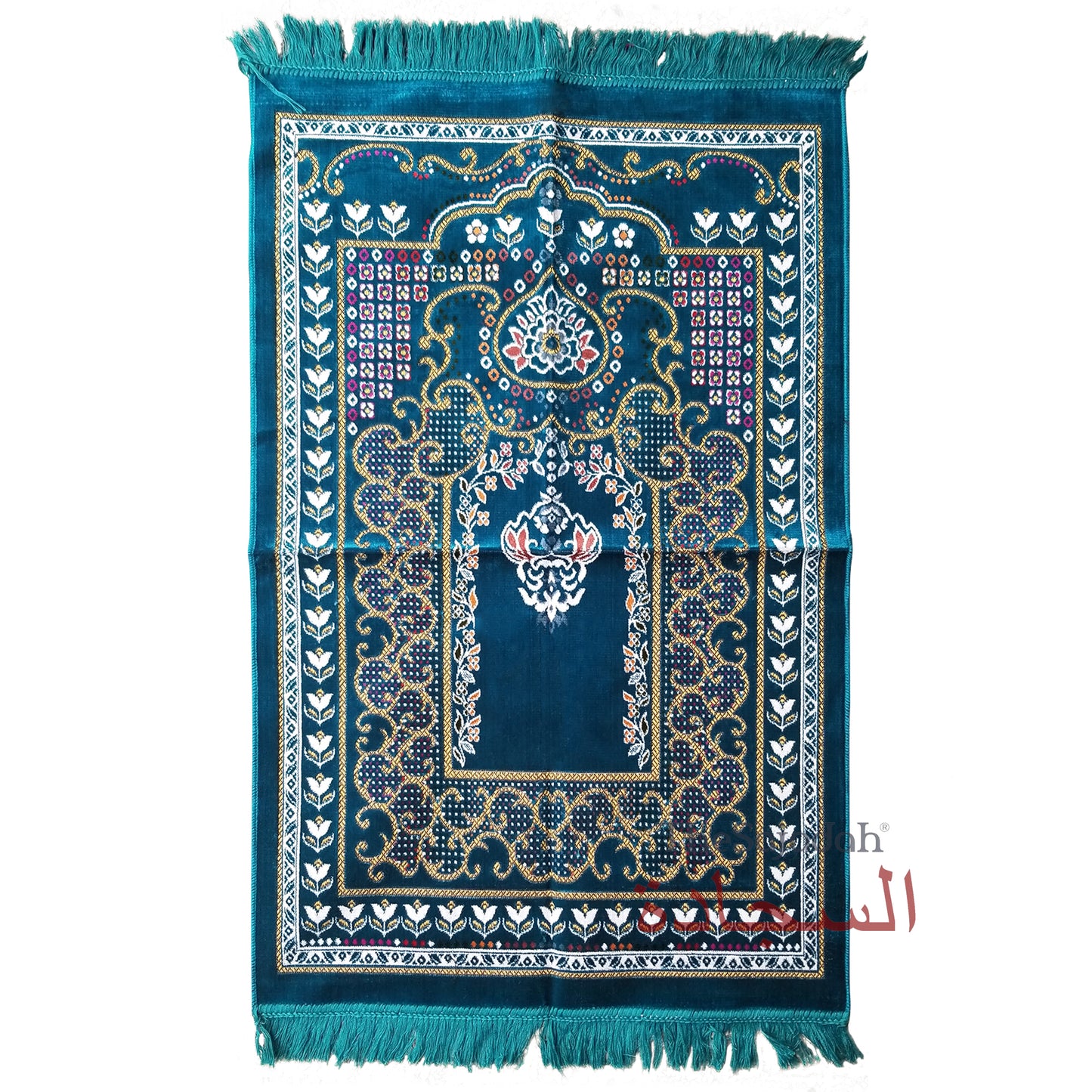 Islamic Prayer Carpet - Dark Teal Blue Colorful Mehrab Flowers Ja Namaz Salah Carpet Embossed Velvet Seccade