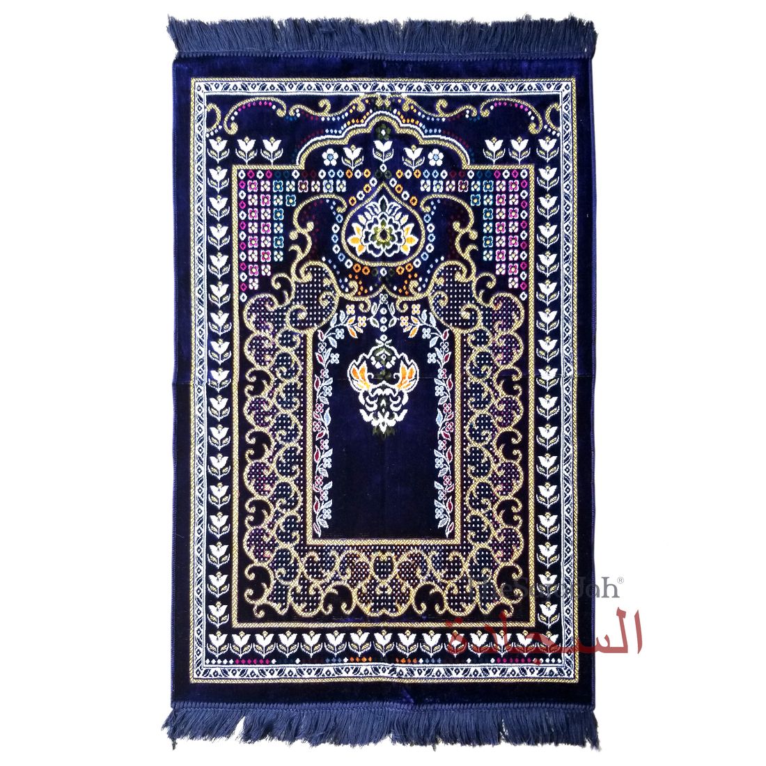 Islamic Prayer Carpet – Dark Blue Colorful Mehrab Flowers Ja Namaz Salah Carpet Embossed Velvet Seccade
