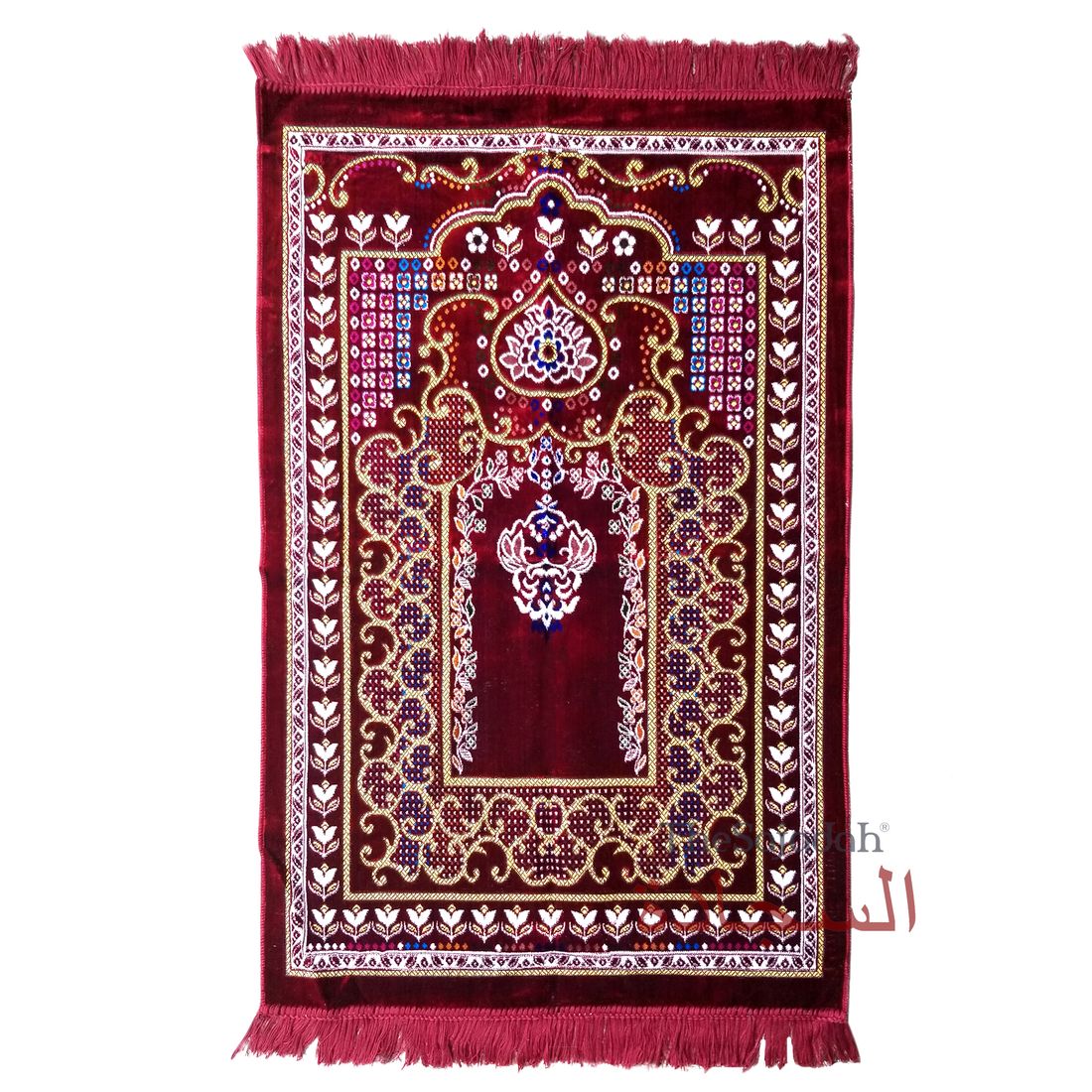 Islamic Prayer Carpet – Maroon Colorful Mehrab Flowers Ja Namaz Salah Carpet Embossed Velvet Seccade