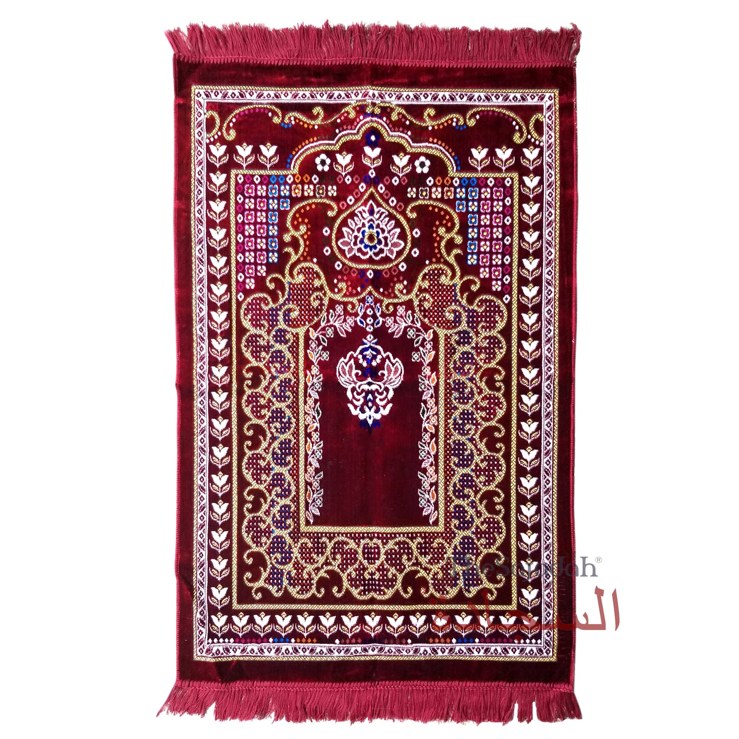 Islamic Prayer Carpet - Maroon Colorful Mehrab Flowers Ja Namaz Salah Carpet Embossed Velvet Seccade