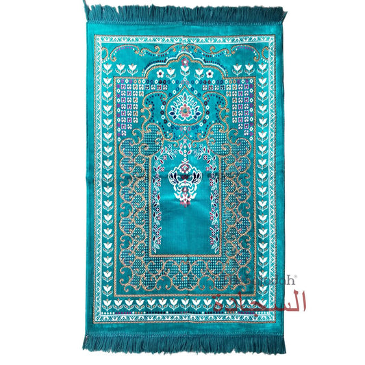 Islamic Prayer Carpet – Turquoise Blue Colorful Mehrab Flowers Ja Namaz Salah Carpet Embossed Velvet Seccade