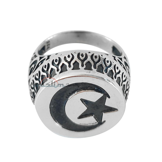 Muslim Men’s Ring Sterling Silver Islamic Star Crescent Moon – Embossed Black Oxidized Design