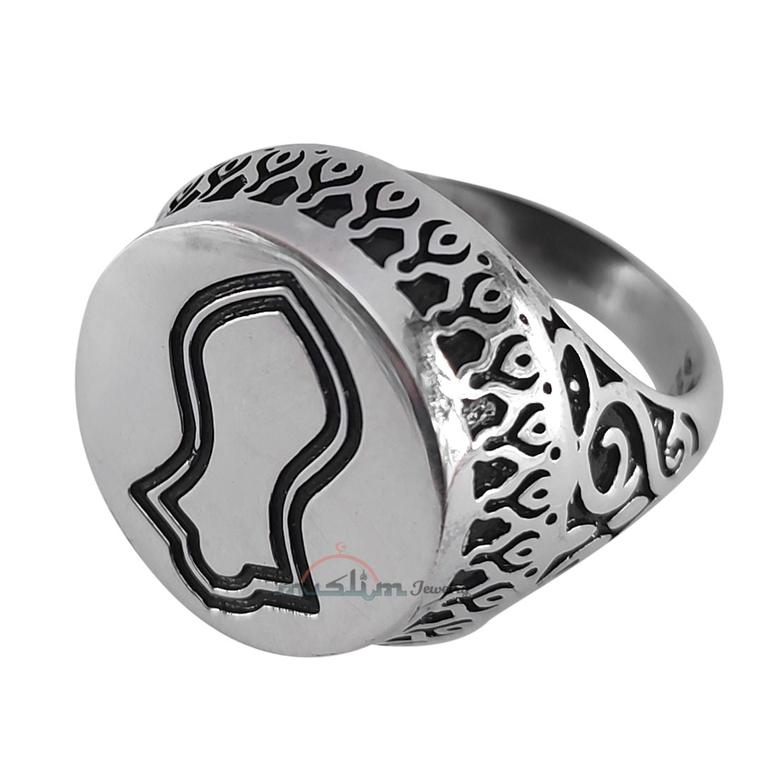Muslim MEN’S RING Sterling Silver Islamic Prophet Sandal Nalain Shareef with Embossed Black Oxidized Design
