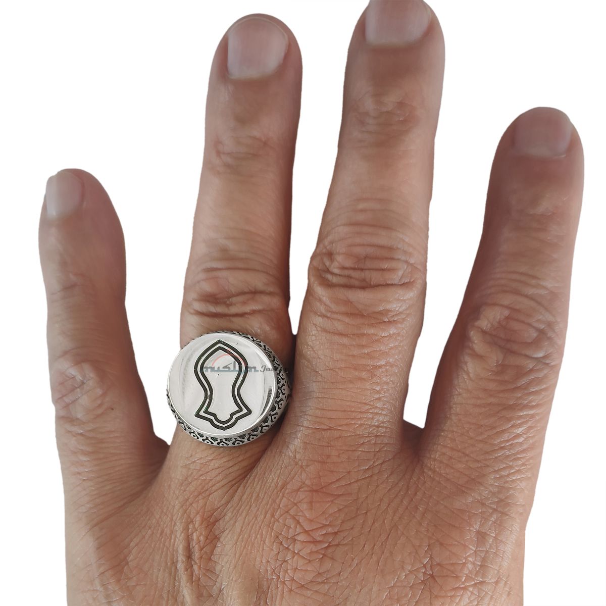 Muslim Men’s Ring Sterling Silver Islamic Prophet Sandal Nalain Shareef with Embossed Black Oxidized Design