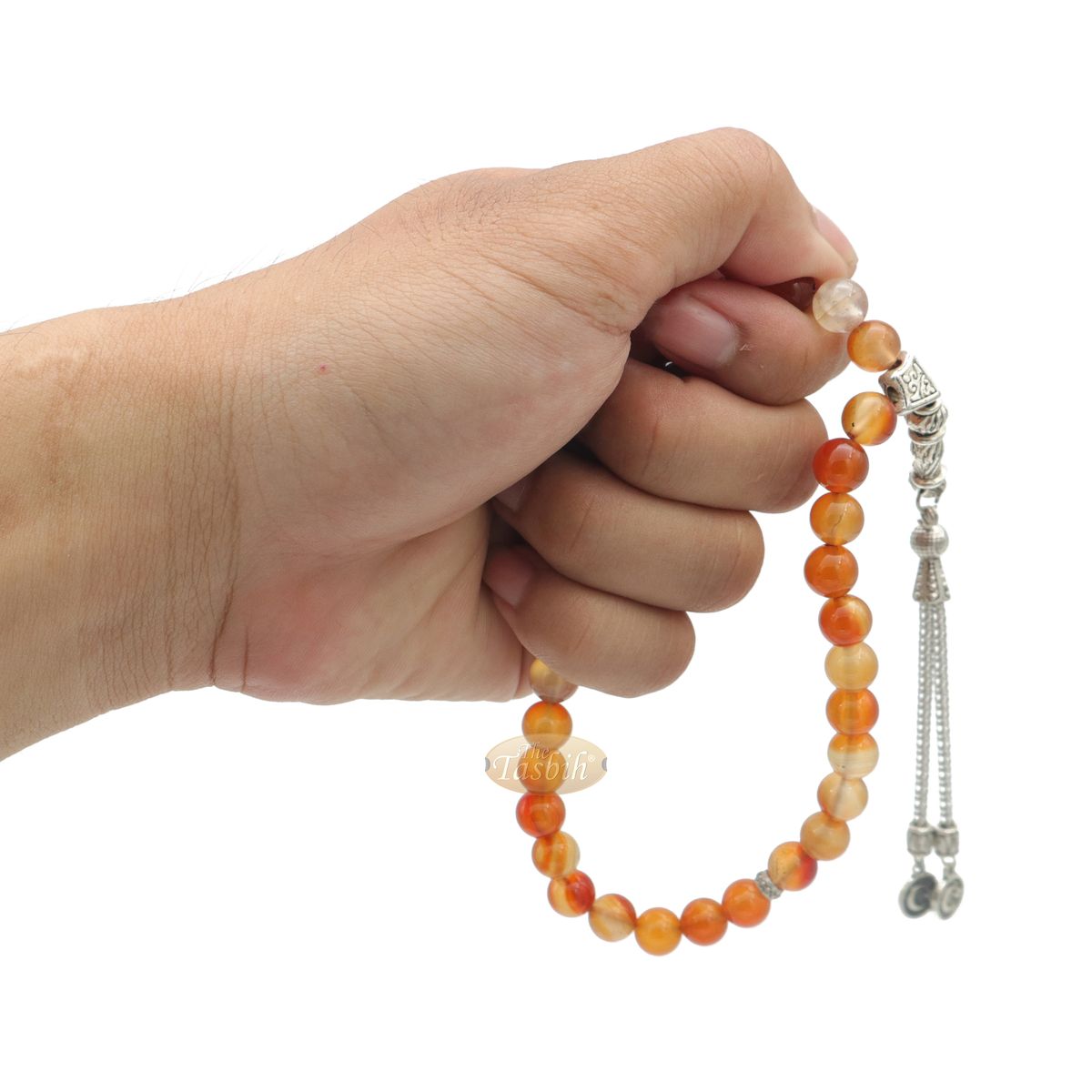 Honey Red Carnelian 8 mm 33 Beads with Round Crescent Moon Charm Tasbih