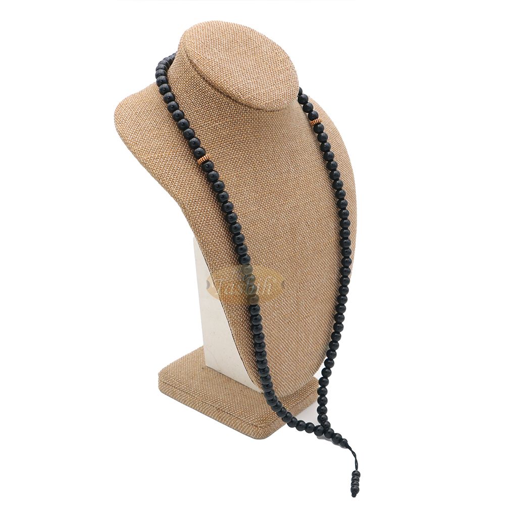 Muslim Prayer Beads – 8 mm Faux Onyx Black 99 count with Yellow Engraved Dividers