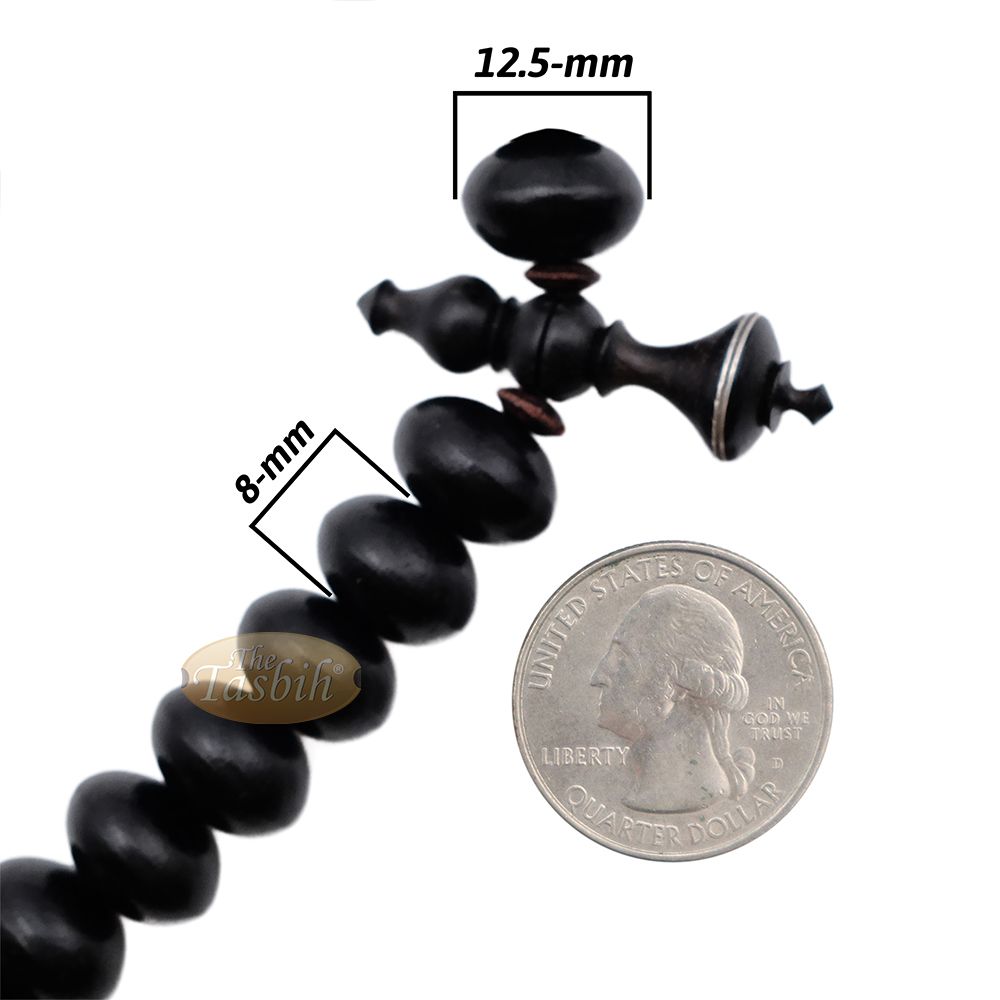 Black Wood Tijani Tasbih | Limited Edition Ain Madhi 13×8 mm Oval Pewter Inlay 100-Bead