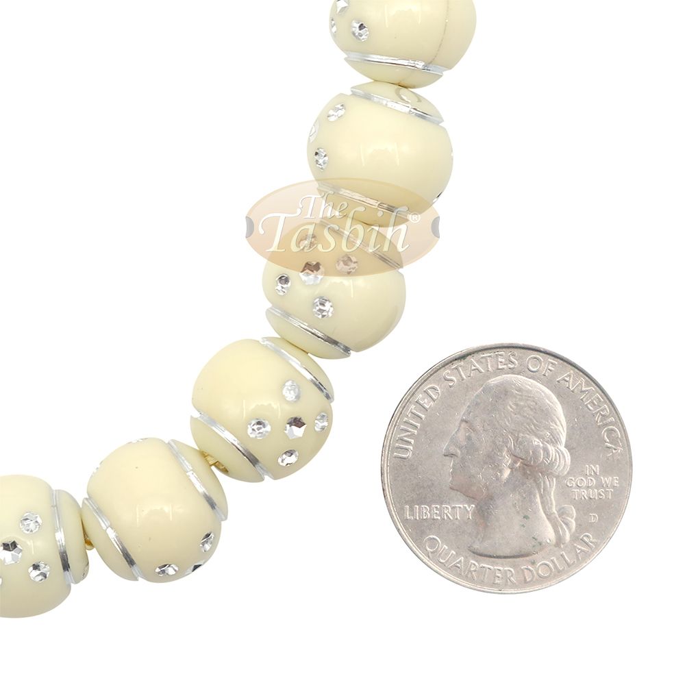 Beige and Silver Domino Design 14 mm Round 33 Bead with 2 Small Dividers and 4 Bead Tassel Plastic Tasbih