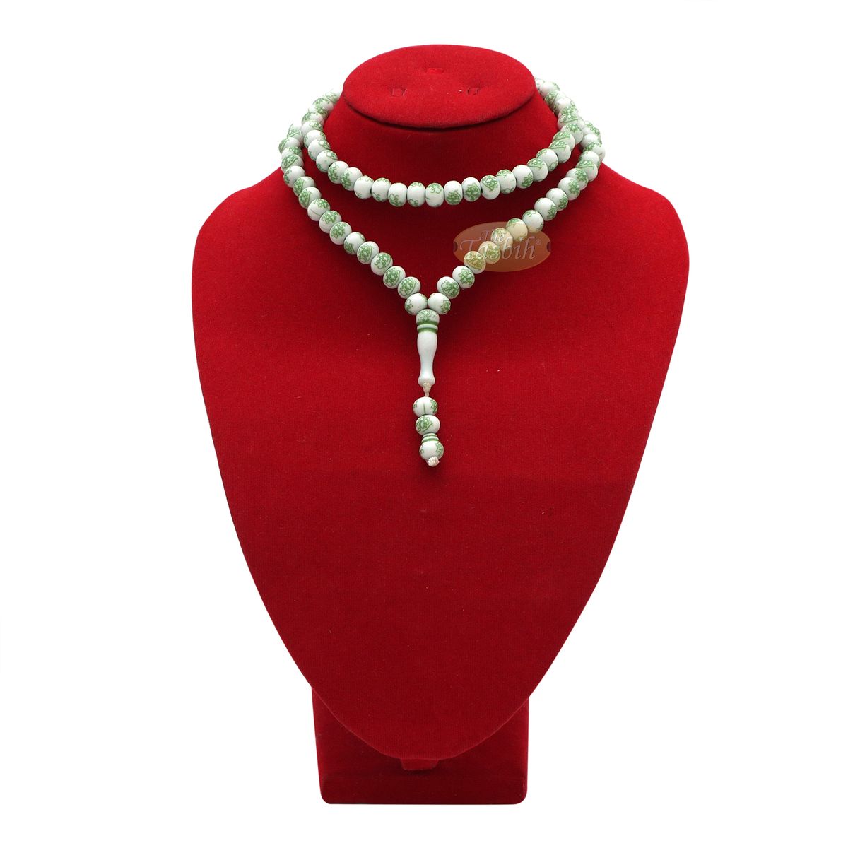 Muslim Prayer Beads White Green Arabic Basmalah Blessing 7×9 mm Oval 99-Bead Acrylic Tasbih Sibha For Dhikr Salah Salawat For Eid Gift Boxed