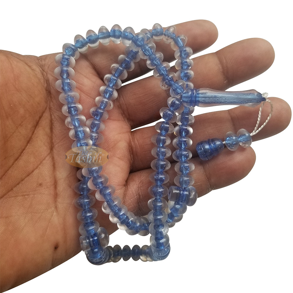 Muslim Dhikr Beads - Medium-Size Translucent Blue 8x5 mm Simple Plastic 99-Bd Islamic Prayer Tasbeeh Dhikr Salat 20-inch Misbaha Knob Ends