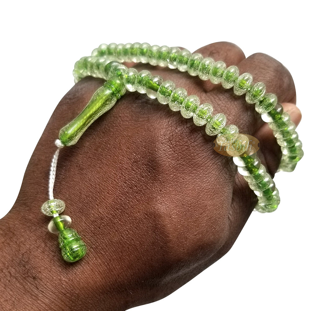 Muslim Dhikr Beads - Medium-Size Translucent Green 8x5 mm Simple Plastic 99-Bd Islamic Prayer Tasbeeh Dhikr Salat 20-inch Misbaha Knob Ends