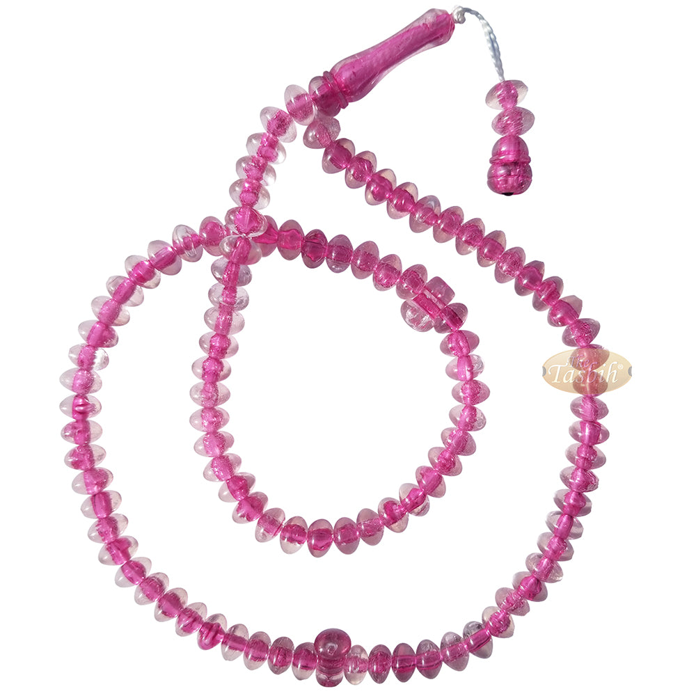 Muslim Dhikr Beads - Medium-Size Translucent Pink 8x5 mm Simple Plastic 99-Bd Islamic Prayer Tasbeeh Dhikr Salat 20-inch Misbaha Knob Ends
