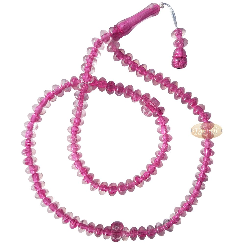 Muslim Dhikr Beads – Medium-Size Translucent Pink 8×5 mm Simple Plastic 99-Bd Islamic Prayer Tasbeeh Dhikr Salat 20-inch Misbaha Knob Ends