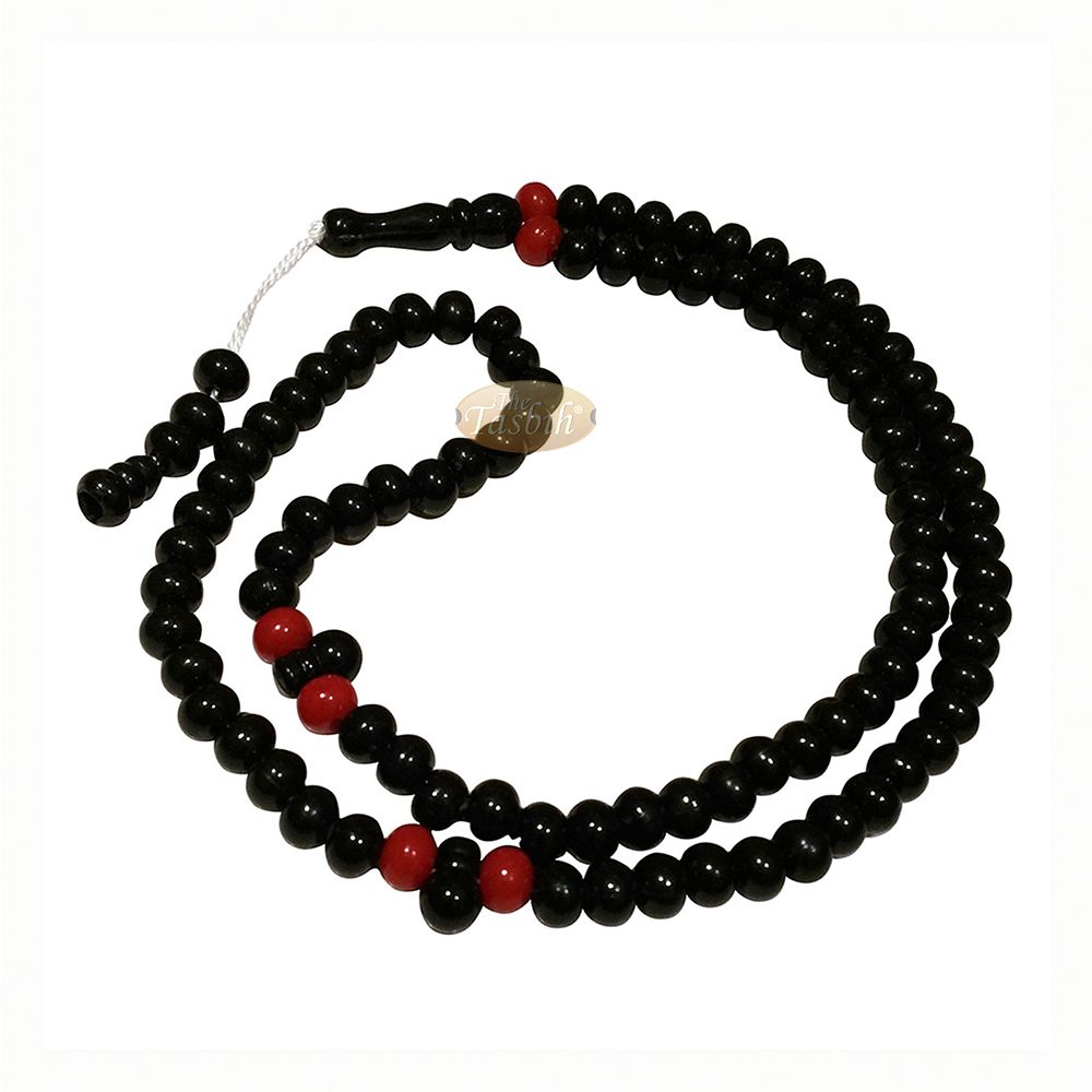 Small Black Plastic Tasbih 6×7 mm Beads with Red Accent Beads
