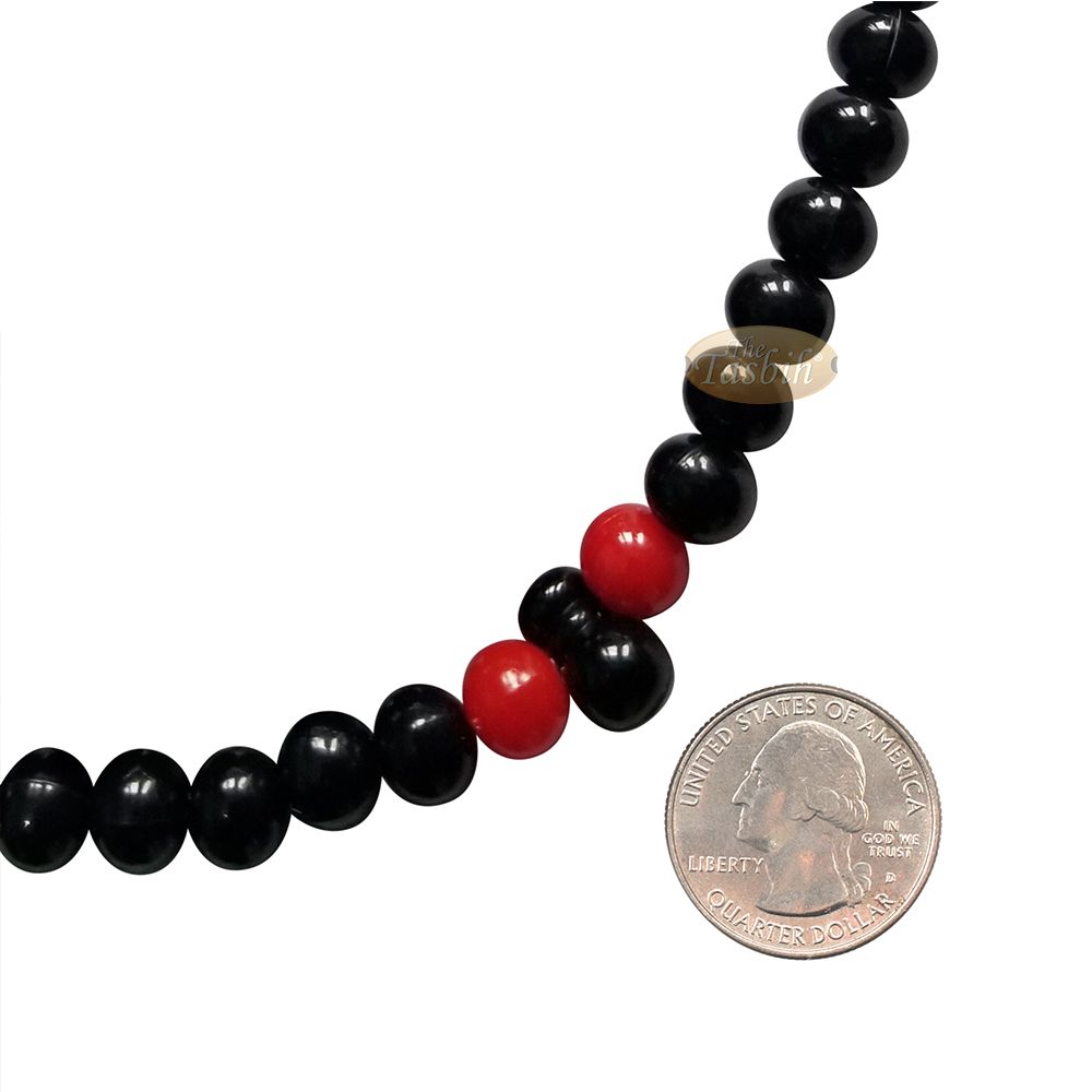 Med-Size Black Plastic Sufi Tasbih 6×8 mm Beads with Red Accent Beads