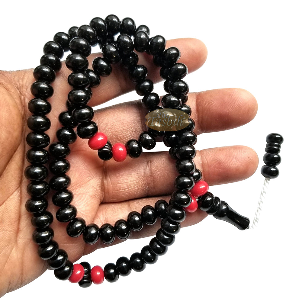 Tasbih Plastik Hitam Besar dan Tahan Lama dengan Butiran Oval 9 mm - Rosario Kokoh - 6 Butiran Aksen Merah