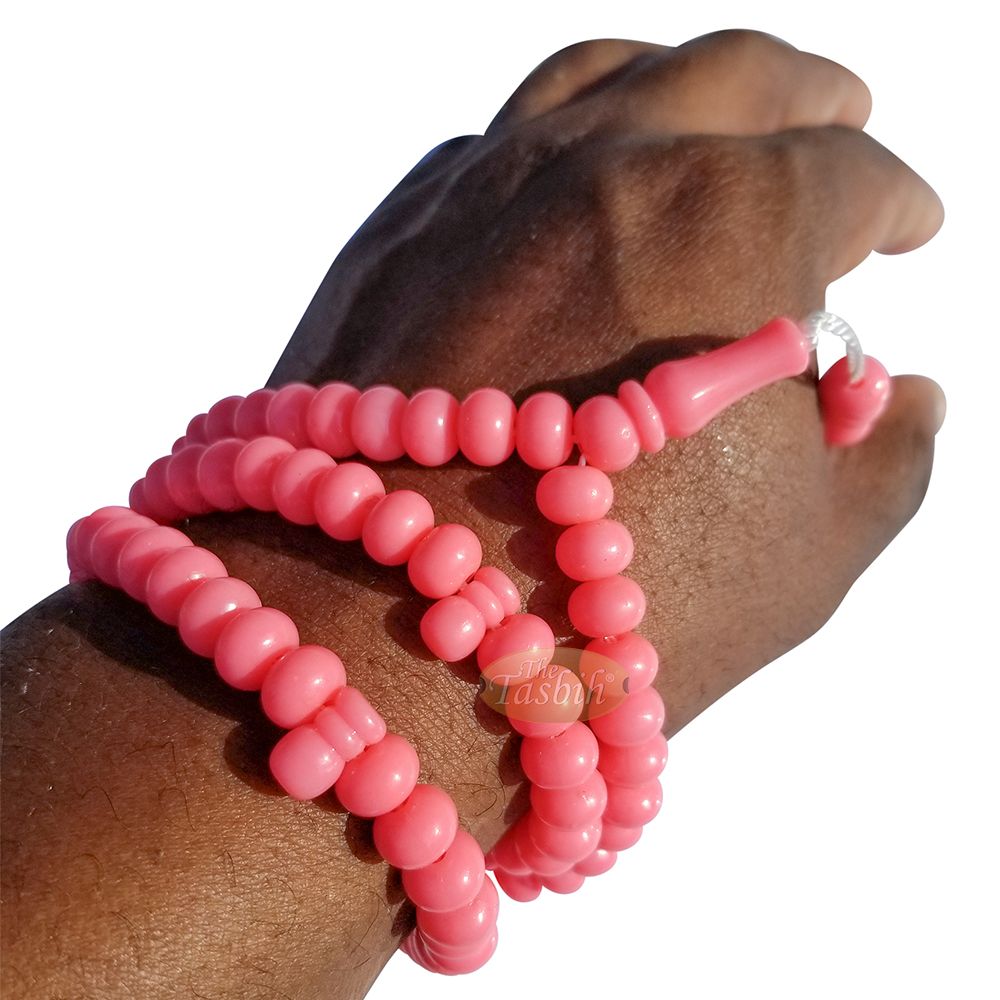 Islamic Subha Beads, Medium-Size Pink Hard Monomer 7×8 mm Simple 26-inch Muslim 99-Bd Tasbeeh Sibha Misbaha Dhikr and Prayer Necklace