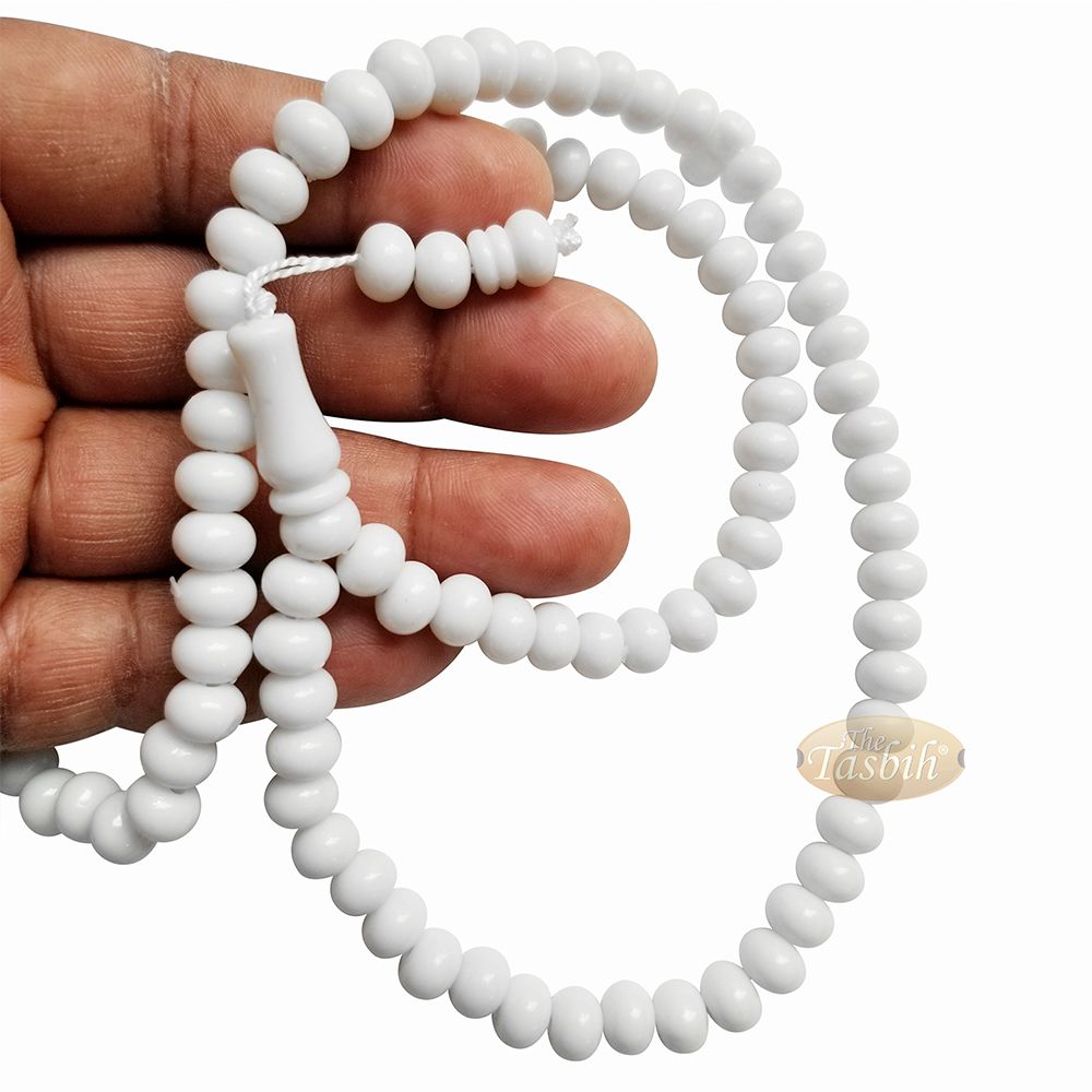 Islamic Subha Beads, Medium-Size White Hard Monomer 7×8 mm Simple 26-inch Muslim 99-Bd Tasbeeh Sibha Misbaha Dhikr and Prayer Necklace