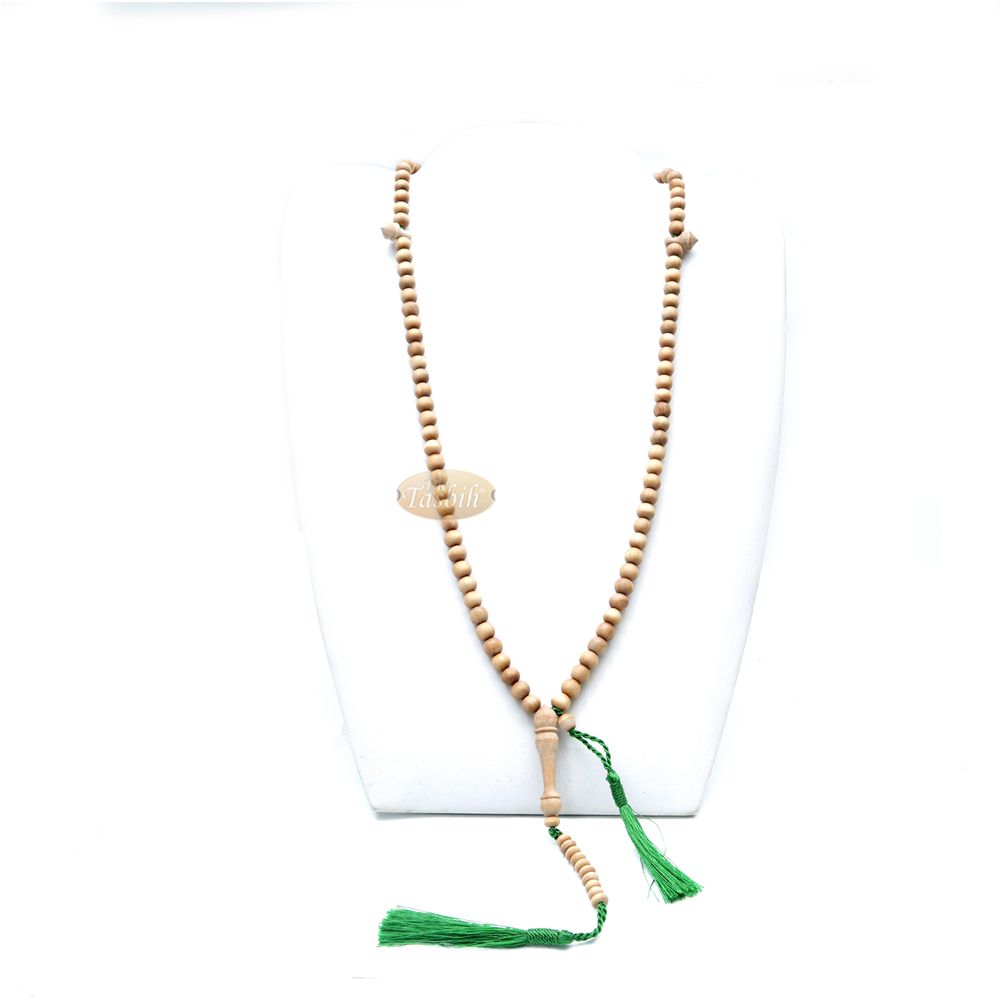 Sandalwood 8 mm Round Beads 99 Count Tasbih For Zikr Prayer Green Tassels