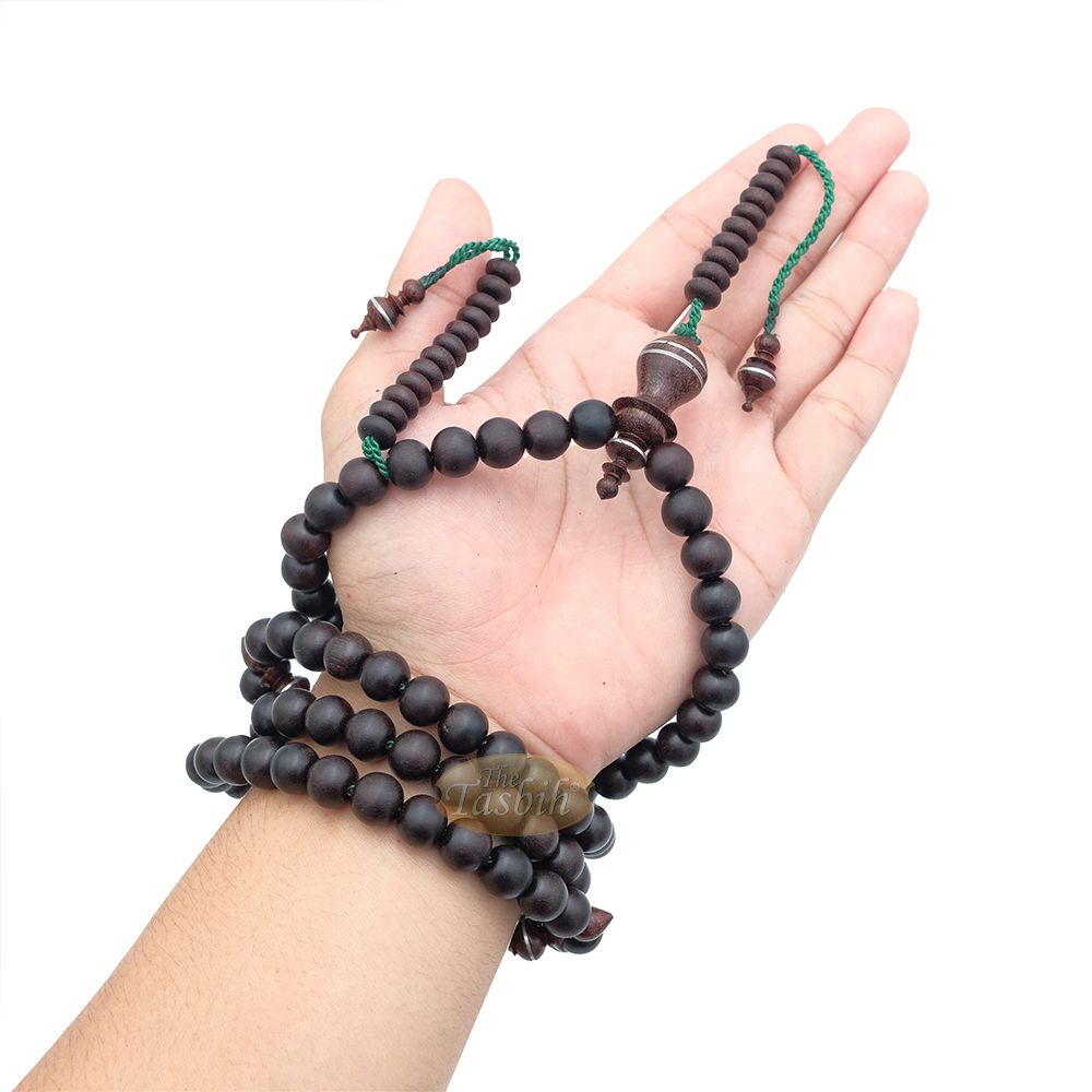 Limited Edition Tamarind Wood Terompah Prayer Beads 99 count Round Shape – 10 mm Dark Brown Beads Alif and Dividers Pewter Inlay Islamic Misbaha