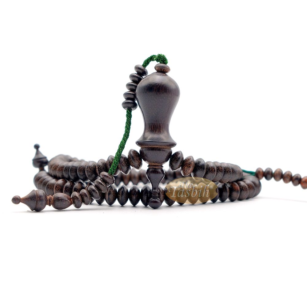 Small Tamarind Wood Nalain Misbaha – Limited Edition Terompah 5×9 mm Saucer-Shape 99 count Muslim Indonesian Prayer Beads with Extra Counters