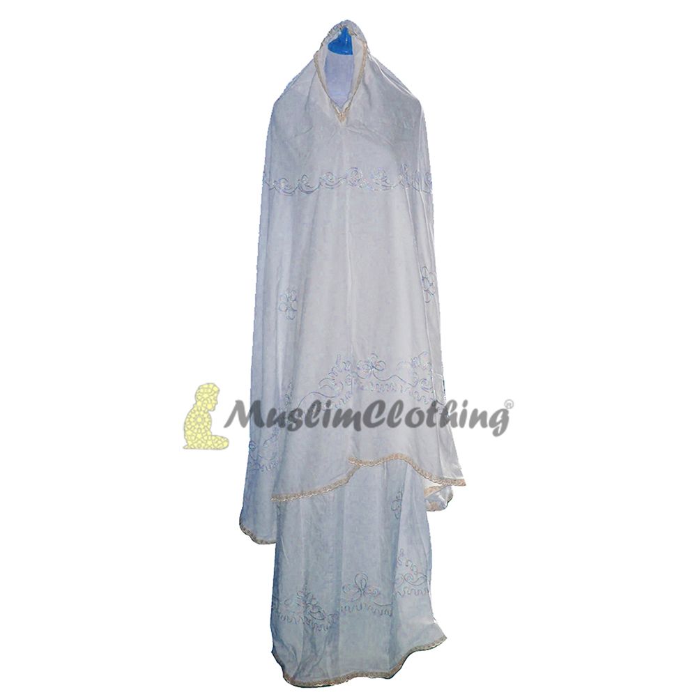 White Embroidered Lace Trim Abaya Mukena Hijab Islamic Women’s Prayer Garment