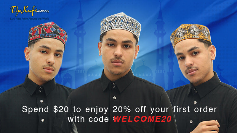 Collection of modern and traditional embroidered Kufi caps modeled for TheKufi.com promotion — featuring African, Turkish, and patterned Islamic kufi styles.