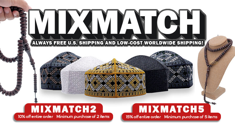 MuslimMall MIXMATCH offer banner featuring embroidered African kufi hats and Islamic prayer beads, with discount codes MIXMATCH2 and MIXMATCH5.