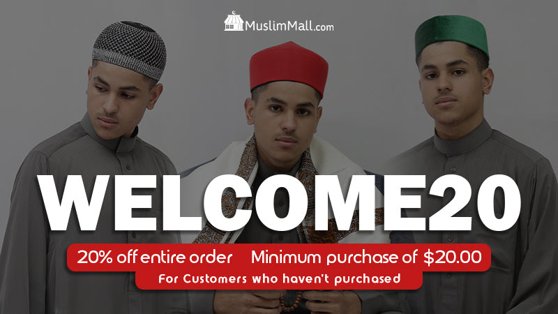 MuslimMall promo banner showing men wearing Islamic kufi hats and traditional thobes, highlighting the WELCOME20 discount code for 20% off on Muslim clothing and accessories.