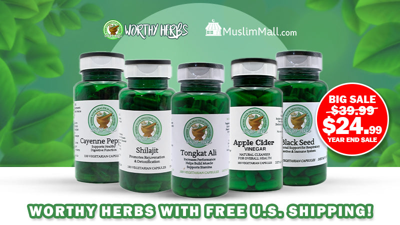 Worthy Herbs supplement banner featuring Cayenne Pepper, Shilajit, Tongkat Ali, Apple Cider Vinegar, and Black Seed capsules with a year-end sale and free U.S. shipping.