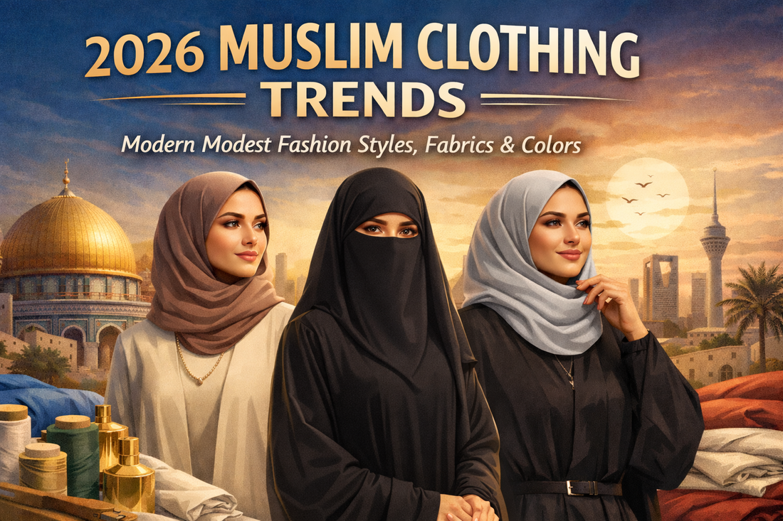 Three Muslim women wearing modern modest clothing, including abayas and hijabs, showcasing 2026 Muslim clothing trends with a blend of traditional and contemporary styles