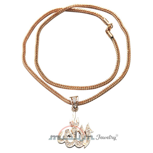 Large Gold Allah Pendant with Rhinestones Gold-Tone On 24″-(61 cm) Fox Tail Chain
