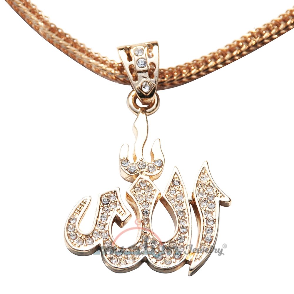 Large Gold Allah Pendant with Rhinestones Gold-Tone On 24″-(61 cm) Fox Tail Chain