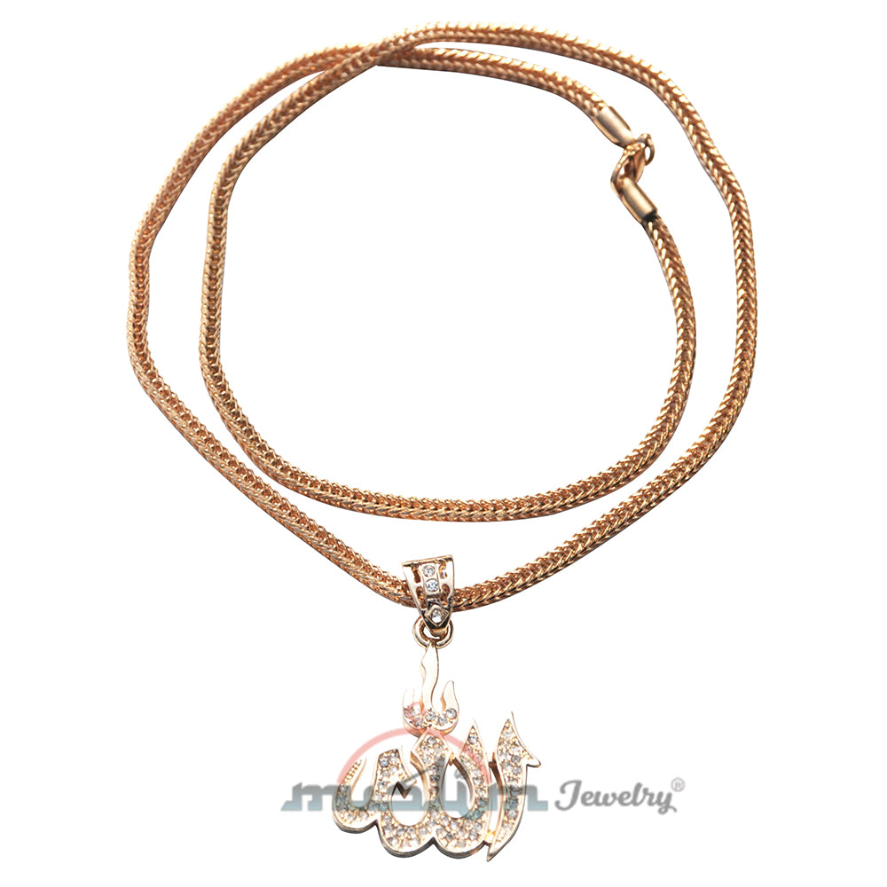 Large Gold Allah Pendant with Rhinestones Gold-Tone On 24″-(61 cm) Fox Tail Chain