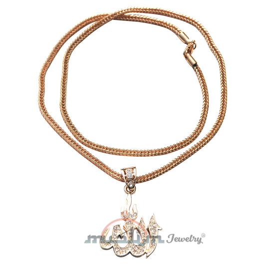 Large Gold Allah Pendant with Rhinestones Gold-Tone On 24″-(61 cm) Fox Tail Chain