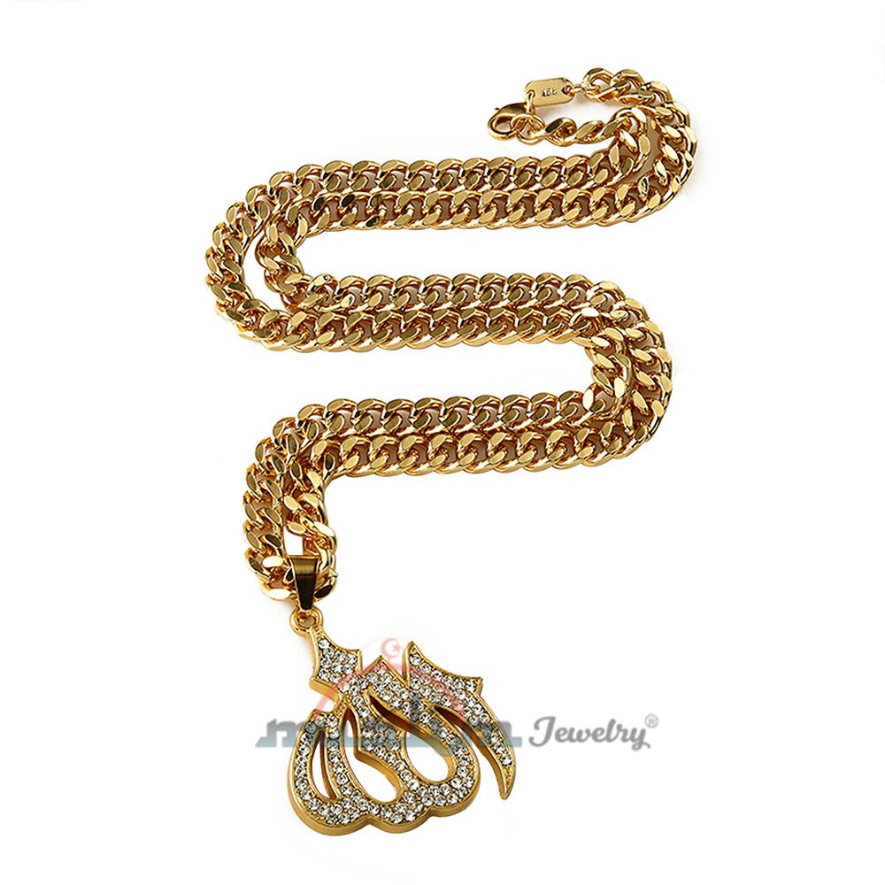 Large Gold Tone Allah Pendant with Rhinestones with Chain