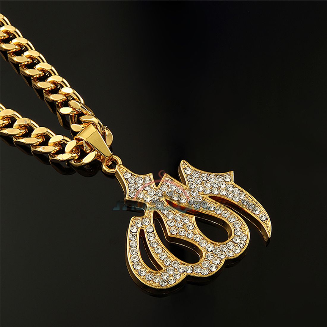 Large Gold Tone Allah Pendant With Rhinestones with Chain