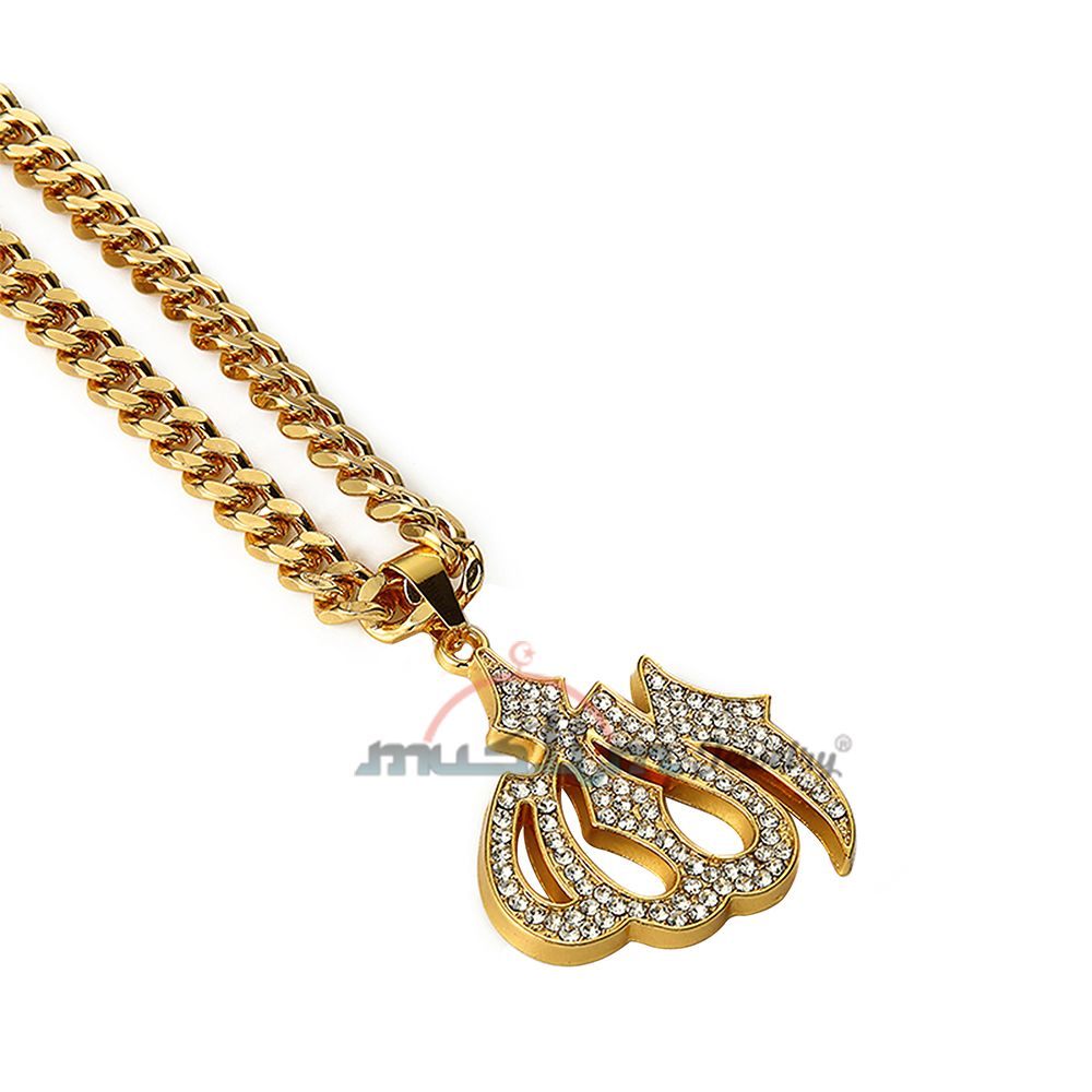 Large Gold Tone Allah Pendant with Rhinestones with Chain