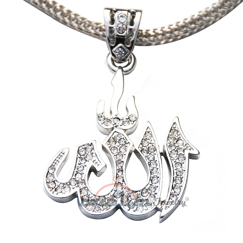 Beautiful Silver Allah Pendant with Rhinestones Fox Chain