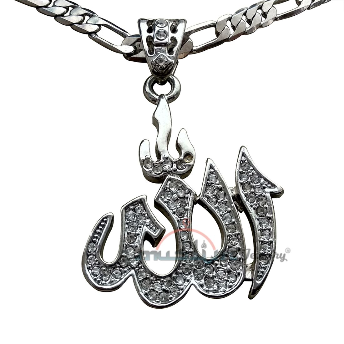 Silver-tone Rhinestones Arabic Allah Pendant 61cm Figaro Chain
