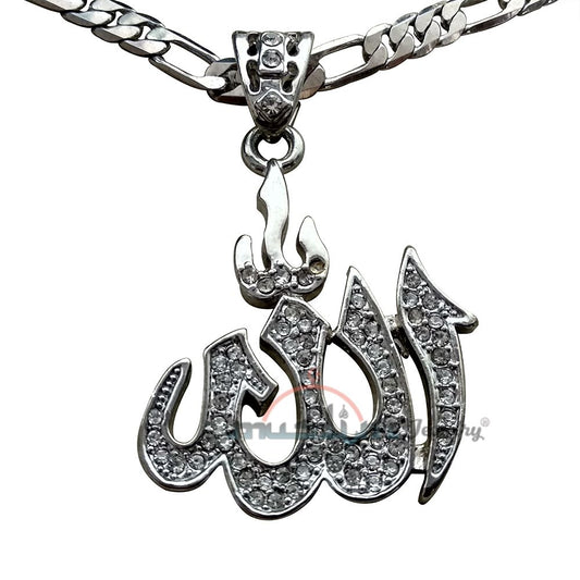 Silver-Tone Rhinestones Arabic Allah Pendant 61 cm Figaro Chain