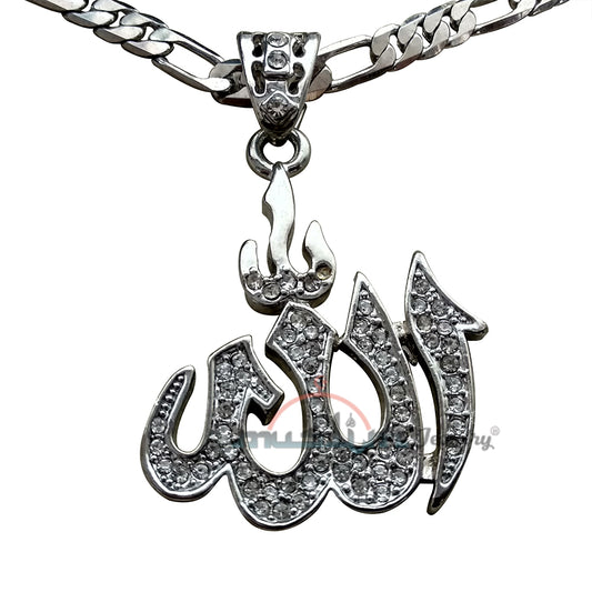 Silver-Tone Rhinestones Arabic Allah Pendant 61cm Figaro Chain