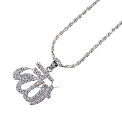 Small Allah Pendant Rhodium-Plated Silver With Cubic Zirconia