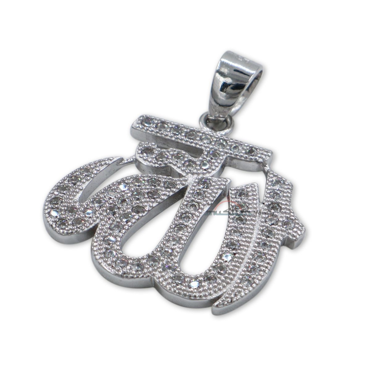 Small Allah Pendant Rhodium-Plated Silver with Cubic Zirconia