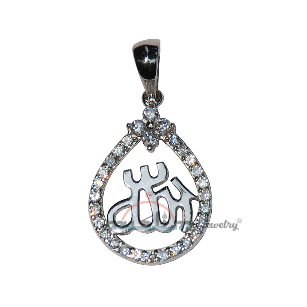 Sterling Silver Allah Pendant With Flower And Cubic Zirconium Studs